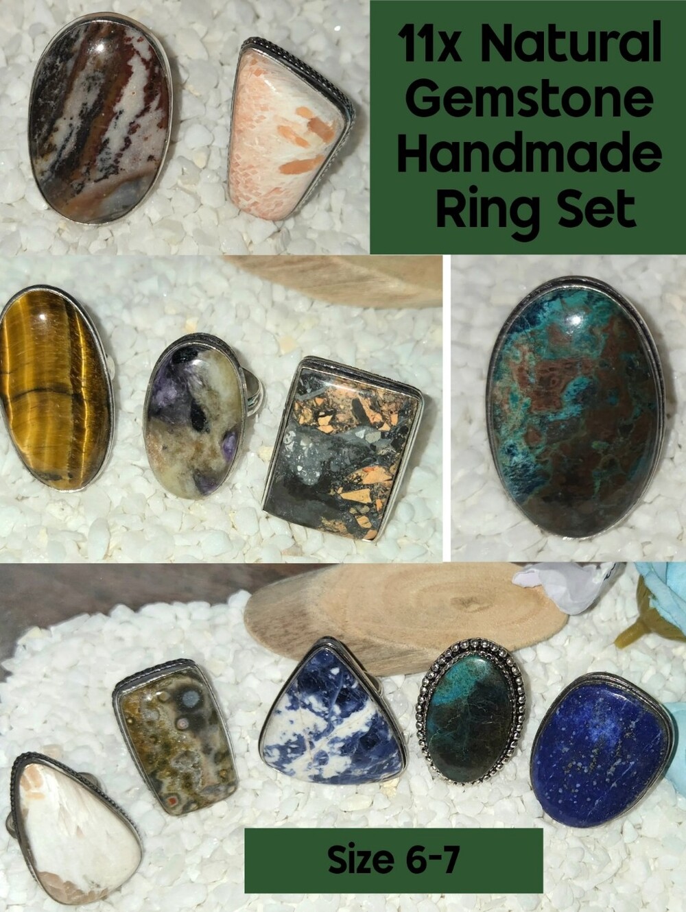 Handmade Natural Gemstone Chunky Boho Ring Set Bulk Jewelry Lot Sizes 6-7